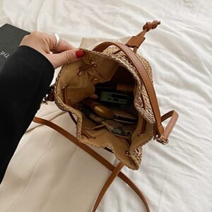 OWGSEE Straw Bucket Bag for Women, Summer Woven Beach Bag Drawstring Hobo Bucket Purses Handbag for Vacation (Khaki)