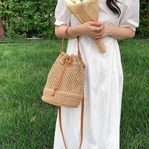 OWGSEE Straw Bucket Bag for Women, Summer Woven Beach Bag Drawstring Hobo Bucket Purses Handbag for Vacation (Khaki)