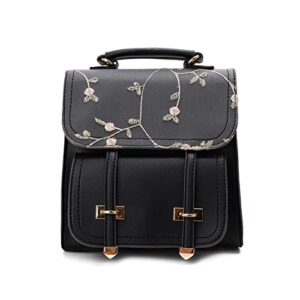 fashion school backpack teenage girls leather women shoulder bag backpack floral embroidery design rucksack (color : black, size : 21cm 10cm 20cm)