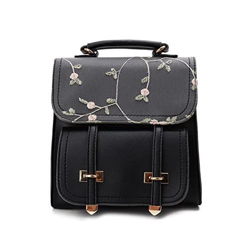 Fashion School Backpack Teenage Girls Leather Women Shoulder Bag Backpack Floral Embroidery Design Rucksack (Color : Black, Size : 21cm 10cm 20cm)