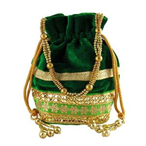 Women's Velvet Potli Bag with Beadwork Drawstrings And Lace In Bottom Ethnic Potli Bag For Wedding Green By Indian Collectible