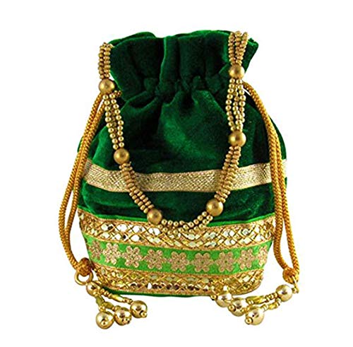 Women's Velvet Potli Bag with Beadwork Drawstrings And Lace In Bottom Ethnic Potli Bag For Wedding Green By Indian Collectible