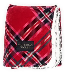 victoria’s secret soft sherpa throw blanket, red pink plaid 50” x 60”