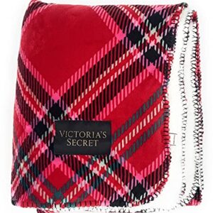 Victoria's Secret Soft Sherpa Throw Blanket, Red Pink Plaid 50'' x 60''