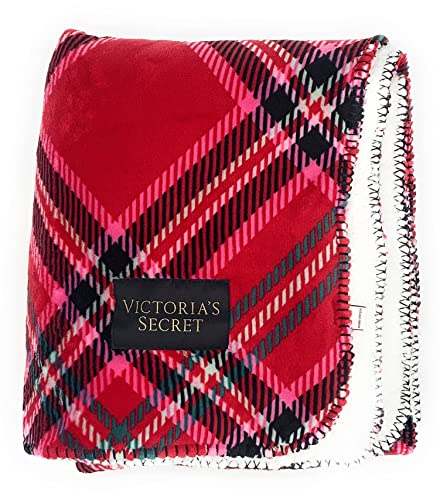 Victoria's Secret Soft Sherpa Throw Blanket, Red Pink Plaid 50'' x 60''