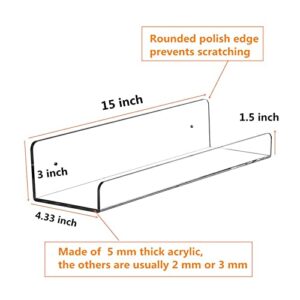 GLOOMALL Clear Acrylic Shelves 15 Inch Invisible Floating Wall Bookshelf for Kids Modern Picture Ledge Display Shelf Toy Storage Wall Shelves (15" Pack of 2)