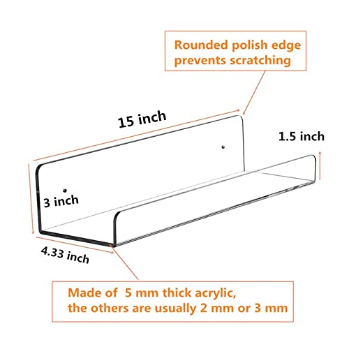 GLOOMALL Clear Acrylic Shelves 15 Inch Invisible Floating Wall Bookshelf for Kids Modern Picture Ledge Display Shelf Toy Storage Wall Shelves (15" Pack of 2)