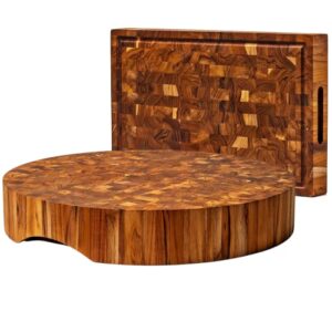ziruma extra large round end grain teak wood cutting board bundle with medium end grain teak wood cutting board, 18 x 3 inches and 17 x 11 x 2 inches, count of 2