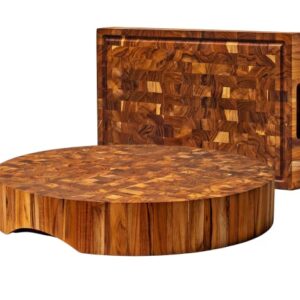 Ziruma Extra Large Round End Grain Teak Wood Cutting Board Bundle with Medium End Grain Teak Wood Cutting Board, 18 x 3 inches and 17 x 11 x 2 inches, Count of 2