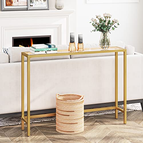 HOOBRO 39.4" Console Table, Tempered Glass Sofa Table, Modern Entryway Table, Metal Frame, for Entrance, Living Room, Hallway Bedroom, Gold GD01XG01