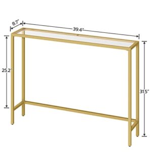 HOOBRO 39.4" Console Table, Tempered Glass Sofa Table, Modern Entryway Table, Metal Frame, for Entrance, Living Room, Hallway Bedroom, Gold GD01XG01