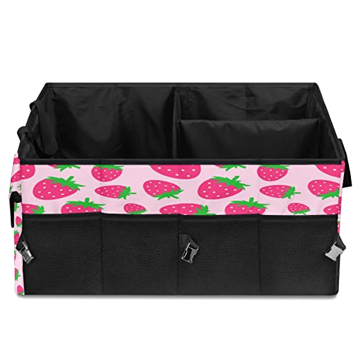 BOLIMAO Car Trunk Organizer Pink Cute Strawberry Back Seat Large Organizer Cargo Storage with Dividers Collapsible Trunk Cargo Organizer Tote Bag for Groceries SUV Sedan Camper Camping