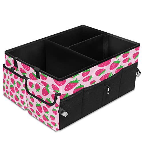 BOLIMAO Car Trunk Organizer Pink Cute Strawberry Back Seat Large Organizer Cargo Storage with Dividers Collapsible Trunk Cargo Organizer Tote Bag for Groceries SUV Sedan Camper Camping