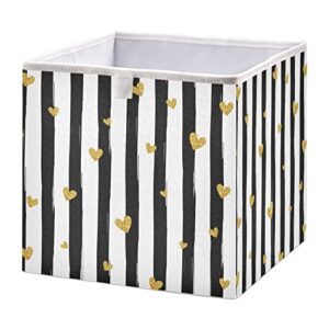 kigai black and white stripes with hearts cube storage bin 15.7×10.6×7 in, large organizer collapsible storage basket for shelves, closet, storage room
