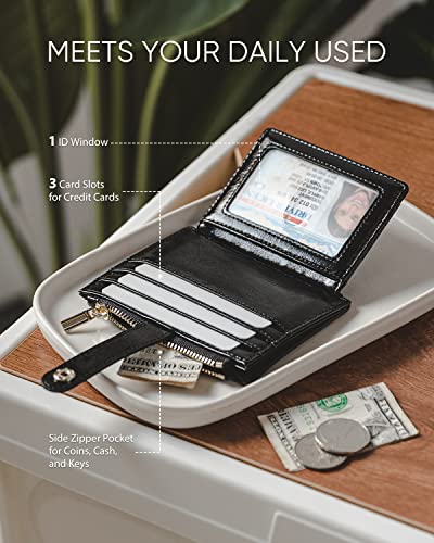 Vulkitty Slim Wallet for Women Minimalsit Bifold Leather Purse RFID Blocking Small Credit Card Wallet with Zipper Pocket(Black)