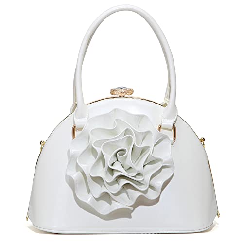 Veroders Satchel Flower Handbag for Women - PU Leather Shoulder Bags with Strap Ladies' Blooming Beauty Floral Handbag Multicolor 2980-White