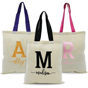 personalized initial canvas tote bags w/name – 17 vinyl colors & 5 handle colors – 15″x16″ – customized shoulder bag for women – custom large tote bag for girls – bridesmaid bags summer beach bags c1