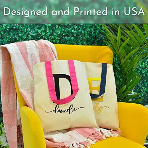 Personalized Initial Canvas Tote Bags w/Name - 17 Vinyl Colors & 5 Handle Colors - 15"x16" - Customized Shoulder Bag for Women - Custom Large Tote Bag for Girls - Bridesmaid Bags Summer Beach Bags C1