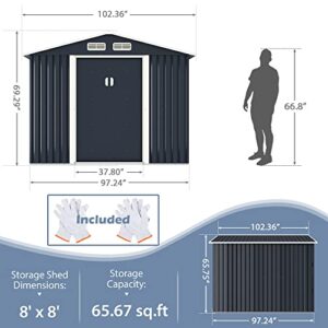 HOGYME Storage Shed 8' x 8' Outdoor Garden Shed Metal Shed Suitable for Storing Garden Tool Lawn Mower Ladder Grey