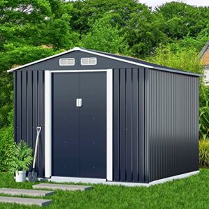 HOGYME Storage Shed 8' x 8' Outdoor Garden Shed Metal Shed Suitable for Storing Garden Tool Lawn Mower Ladder Grey