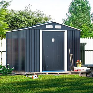 HOGYME Storage Shed 8' x 8' Outdoor Garden Shed Metal Shed Suitable for Storing Garden Tool Lawn Mower Ladder Grey