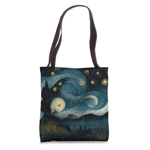 starry night mixed with hieronymus bosch tote bag