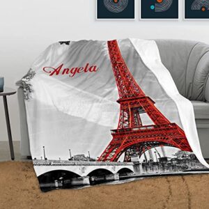 City Landmark Paris Eiffel Tower Personalized Name Soft Fleece Bed Blankets Throws as Birthday Wedding Gifts for Sofa Couch 50'' x 60''