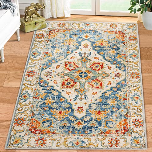 Area Rug 3x5 Persian Rug Indoor Entryway Washable Vintage Rug Indoor Floor Cover Print Boho Rug Non Slip & Foldable Accent Rug Exquisite Imitation Cashmere Carpet Living Room Bathroom Kitchen