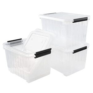farmoon 4 pack 30 quart plastic latching storage box bin with wheels, clear