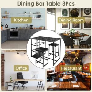 AOOU 3-Piece Dining Table Set, High Industrial Bar Dining Table with PU Padded Stools, Space Saving w/Storage Shelves, Tall Counter Height Bar Table Set, for Living Room/Kitchen/Restaurant