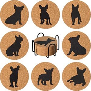 Set of 8 French Pit Bull Cork Drink Coasters Absorbing Dog Coasters Fun Frenchie Gifts for Women Kitchen Bar Coasters with Metal Holder for Home Kitchen Decor Table Mug Glass Cup Place Mats Dog Lovers