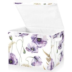 suabo watercolor flowers purple poppies storage bin with lid large oxford cloth storage boxes foldable home cube baskets closet organizers for nursery bedroom office