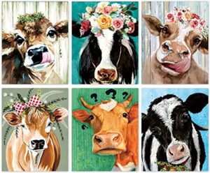 xla country farmhouse cow wall art prints,funny cow with flower poster,farmhouse wall decor cow pictures farm print ranch decor set of 6-(8”x10” unframed)