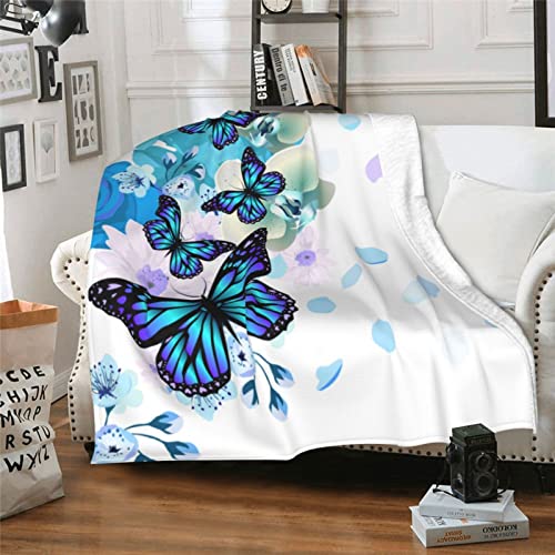 Blue Butterfly Soft Throw Blanket All Season Microplush Thick Warm Blankets Tufted Fuzzy Flannel Throws Blanket for Bed Sofa Couch 60"x50"