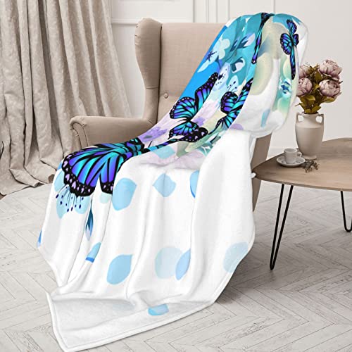 Blue Butterfly Soft Throw Blanket All Season Microplush Thick Warm Blankets Tufted Fuzzy Flannel Throws Blanket for Bed Sofa Couch 60"x50"