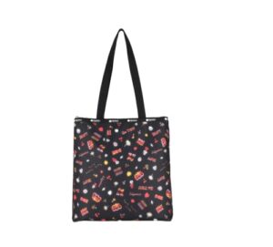 lesportsac stay true easy magazine tote bag, style 3531/color e481, empowering pop art style words w tie-dye effect: be you, stay true, shine, self love club + colorful hearts