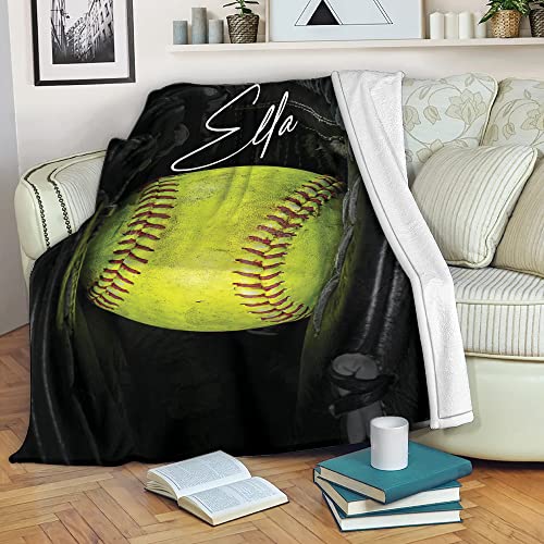 OhaPrints Custom Softball Ball Gift for Fan Lovers Personalized Name Soft Sherpa Throw Blankets Cozy Fuzzy Fleece Throws for Tv Sofa Couch Comfy Fluffy Blanket 30X40 50X60 60X80