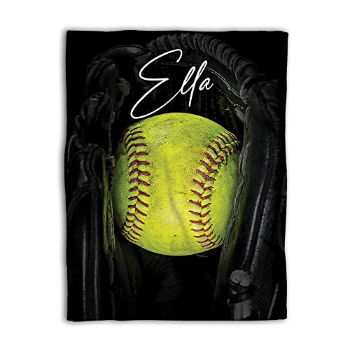 OhaPrints Custom Softball Ball Gift for Fan Lovers Personalized Name Soft Sherpa Throw Blankets Cozy Fuzzy Fleece Throws for Tv Sofa Couch Comfy Fluffy Blanket 30X40 50X60 60X80