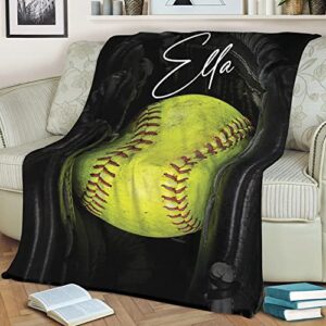 OhaPrints Custom Softball Ball Gift for Fan Lovers Personalized Name Soft Sherpa Throw Blankets Cozy Fuzzy Fleece Throws for Tv Sofa Couch Comfy Fluffy Blanket 30X40 50X60 60X80