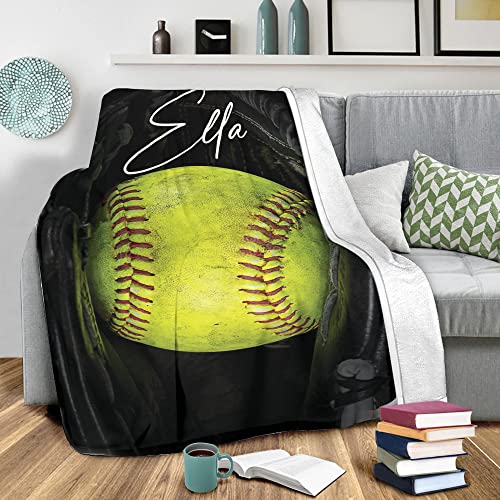 OhaPrints Custom Softball Ball Gift for Fan Lovers Personalized Name Soft Sherpa Throw Blankets Cozy Fuzzy Fleece Throws for Tv Sofa Couch Comfy Fluffy Blanket 30X40 50X60 60X80