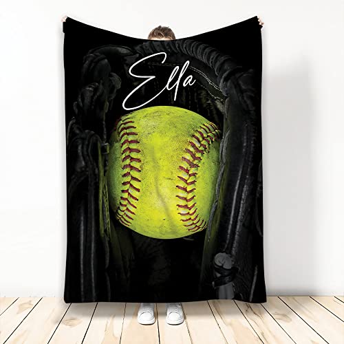 OhaPrints Custom Softball Ball Gift for Fan Lovers Personalized Name Soft Sherpa Throw Blankets Cozy Fuzzy Fleece Throws for Tv Sofa Couch Comfy Fluffy Blanket 30X40 50X60 60X80