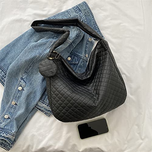 AZURAOKEY Puffer Tote Bag for Women, Women Sling Crossbody Bag Nylon Quilted Shoulder Handbag Rhombic Large Capacity with Small Purse for Ladies Girls Daily School Office Satchel