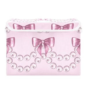 kigai storage box with lids for organizing, pink pearls bow foldable 300d oxford storage organizer bin for shelves bedroom closet dorm home decor