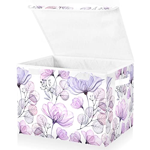 SUABO Beautiful Purple Rose Flower Storage Bin with Lid Large Oxford Cloth Storage Boxes Foldable Home Cube Baskets Closet Organizers for Nursery Bedroom Office