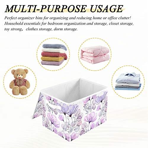 SUABO Beautiful Purple Rose Flower Storage Bin with Lid Large Oxford Cloth Storage Boxes Foldable Home Cube Baskets Closet Organizers for Nursery Bedroom Office
