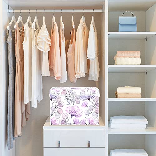 SUABO Beautiful Purple Rose Flower Storage Bin with Lid Large Oxford Cloth Storage Boxes Foldable Home Cube Baskets Closet Organizers for Nursery Bedroom Office