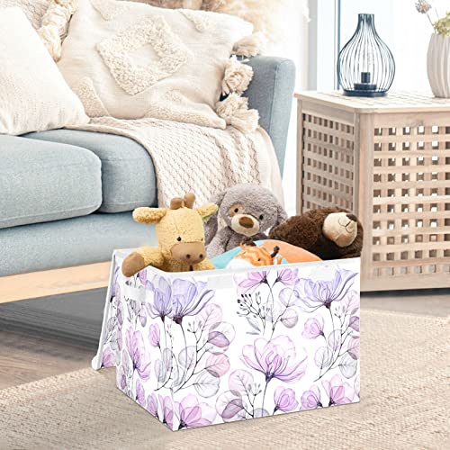 SUABO Beautiful Purple Rose Flower Storage Bin with Lid Large Oxford Cloth Storage Boxes Foldable Home Cube Baskets Closet Organizers for Nursery Bedroom Office