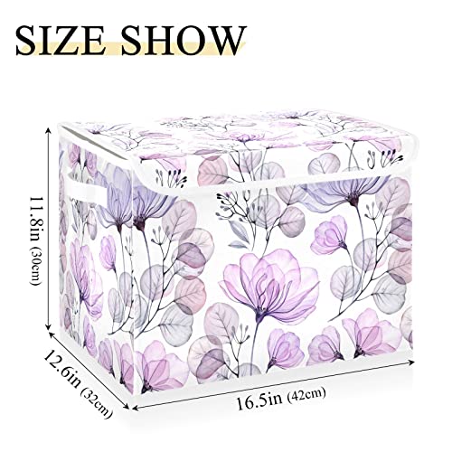 SUABO Beautiful Purple Rose Flower Storage Bin with Lid Large Oxford Cloth Storage Boxes Foldable Home Cube Baskets Closet Organizers for Nursery Bedroom Office