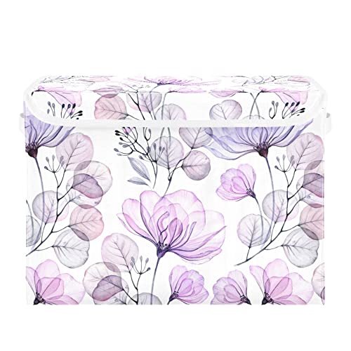 SUABO Beautiful Purple Rose Flower Storage Bin with Lid Large Oxford Cloth Storage Boxes Foldable Home Cube Baskets Closet Organizers for Nursery Bedroom Office