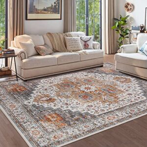 area rugs for living room: 8×10 rug for bedroom machine washable with non slip backing non shedding, boho medallion floral large carpet for dining room nursery home office indoor decor grey/gold